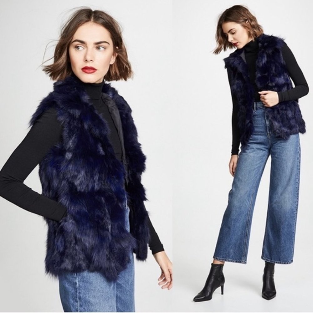 WOMENS ADRIENNE LANDAU NAVY BLUE RABBIT FUR VEST S *
